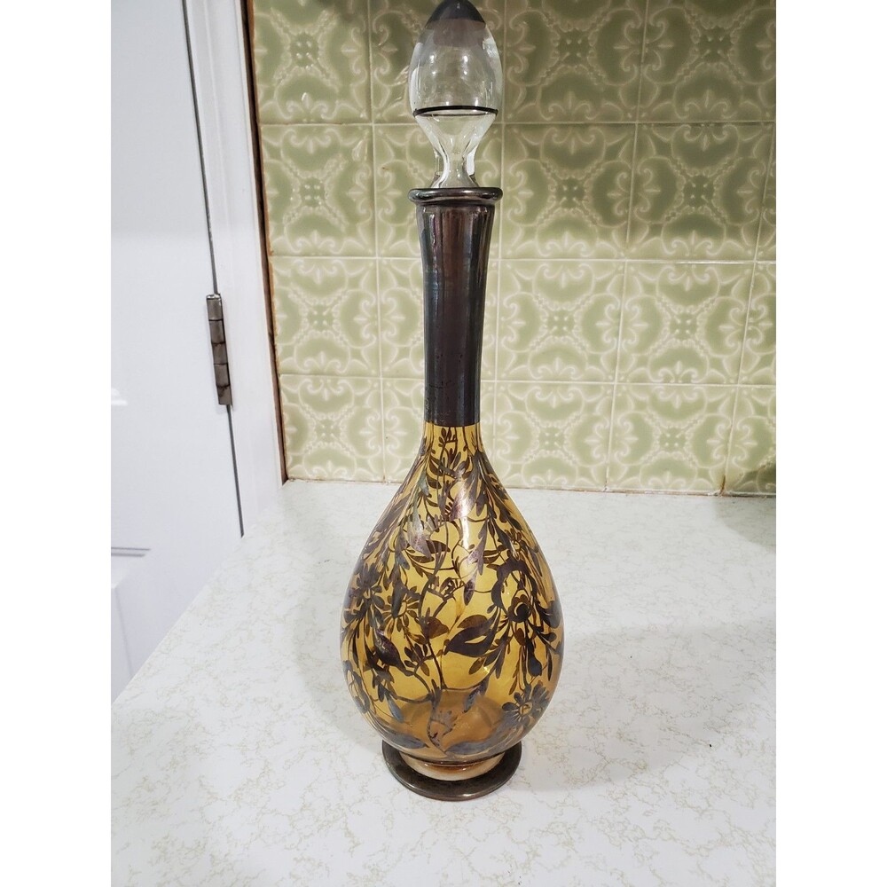 Vintage Bohemian Amber Yellow Silver Overlay Glass Decanter With Glass Stopper